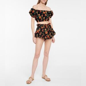 Caroline Constas Floral Linen Ruffled Short Size L Spring Summer Vacation Resort